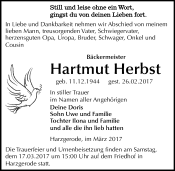 Traueranzeige von Hartmut Herbst von Mitteldeutsche Zeitung Quedlinburg