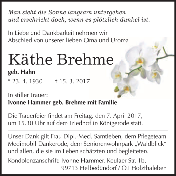 Traueranzeige von Käthe Brehme von Super Sonntag Quedlinburg