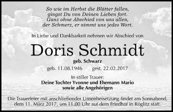 Traueranzeige von Doris Schmidt von Mitteldeutsche Zeitung Merseburg/Querfurt
