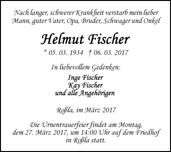 Traueranzeige von Helmut Tischer von Super Sonntag SGH Mansf. Land