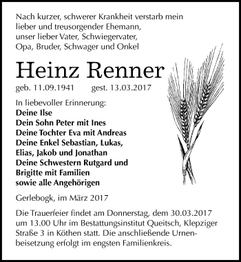 Traueranzeige von Heinz Renner von Mitteldeutsche Zeitung Bernburg