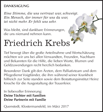 Traueranzeige von Friedrich Krebs von Mitteldeutsche Zeitung Mansfelder Land
