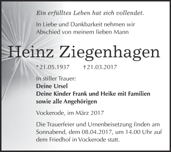 Traueranzeige von Heinz Ziegenhagen von Super Sonntag Wittenberg