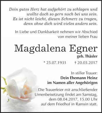 Traueranzeige von Magdalena Egner von WVG - Wochenspiegel Bitterfeld