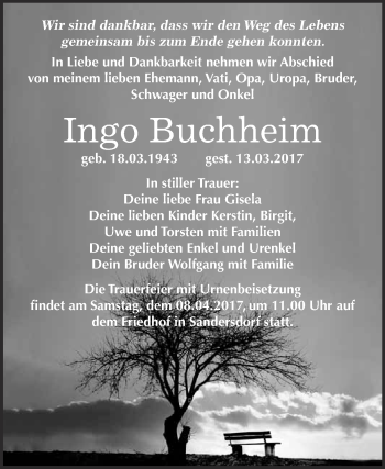 Traueranzeige von Ingo Buchheim von WVG - Wochenspiegel Bitterfeld