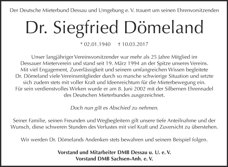  Traueranzeige für Siegfried Dömeland vom 29.03.2017 aus WVG - Wochenspiegel Dessau / Köthen