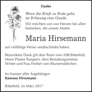 Traueranzeige von Maria Hirsemann von WVG - Wochenspiegel Bitterfeld
