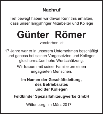 Traueranzeige von Günter Römer von Super Sonntag Wittenberg