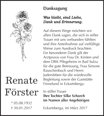 Traueranzeige von Renate Förster von WVG - Wochenspiegel NMB / WSF / ZTZ