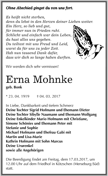 Traueranzeige von Erna Mohnke von Mitteldeutsche Zeitung Merseburg/Querfurt
