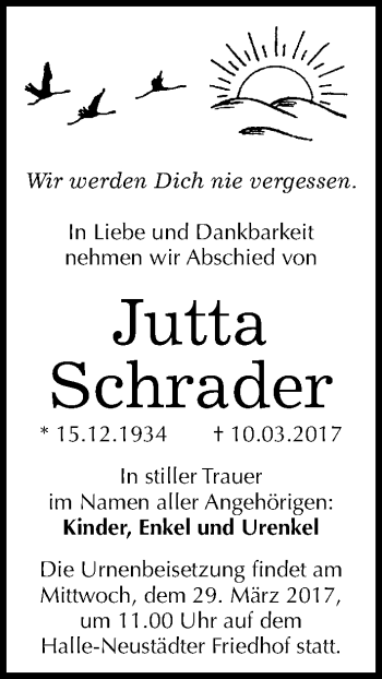 Traueranzeige von Jutta Schrader von Mitteldeutsche Zeitung Halle/Saalkreis