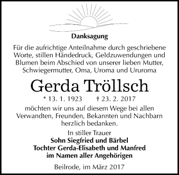 Traueranzeige von Gerda Tröllsch von Mitteldeutsche Zeitung Naumburg/Nebra
