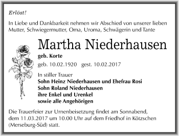 Traueranzeige von Martha Niederhausen von Mitteldeutsche Zeitung Merseburg/Querfurt