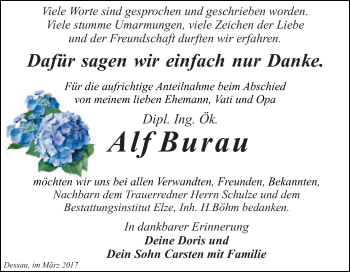 Traueranzeige von Alf Burau von WVG - Wochenspiegel Dessau / Köthen