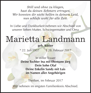 Traueranzeige von Marietta Landmann von Mitteldeutsche Zeitung Zeitz