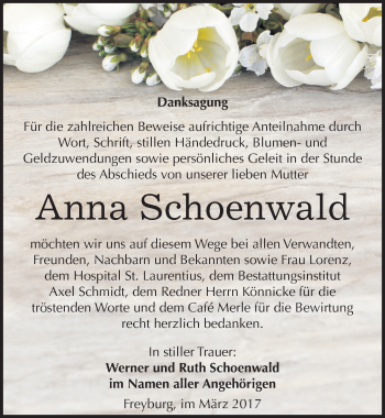 Traueranzeige von Anna Schoenwald von Mitteldeutsche Zeitung Naumburg/Nebra