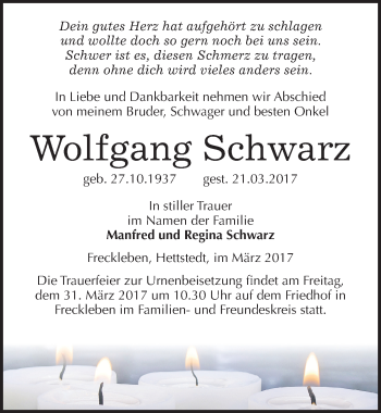 Traueranzeige von Wolfgang Schwarz von Mitteldeutsche Zeitung Aschersleben