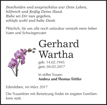 Traueranzeige von Gerhard Wartha von Mitteldeutsche Zeitung Sangerhausen
