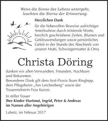 Traueranzeige von Christa Döring von Super Sonntag Wittenberg