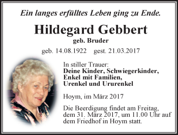 Traueranzeige von Hildegard Gebbert von Mitteldeutsche Zeitung Aschersleben