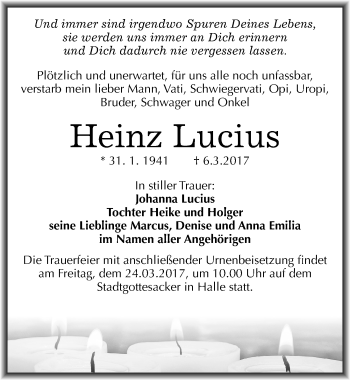 Traueranzeige von Heinz Lucius von Mitteldeutsche Zeitung Halle/Saalkreis