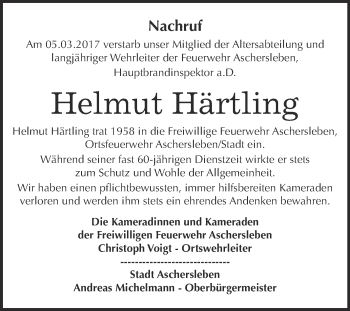 Traueranzeige von Helmut Härtling von Super Sonntag SGH Mansf. Land