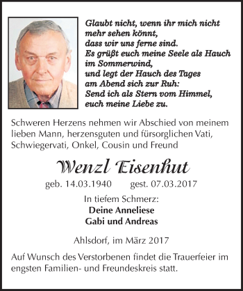 Traueranzeige von Wenzl Eisenhut von Mitteldeutsche Zeitung Mansfelder Land