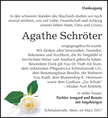 Traueranzeige von Agathe Schröter von Mitteldeutsche Zeitung Mansfelder Land