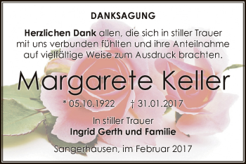 Traueranzeige von Margarete Keller von Super Sonntag SGH Mansf. Land