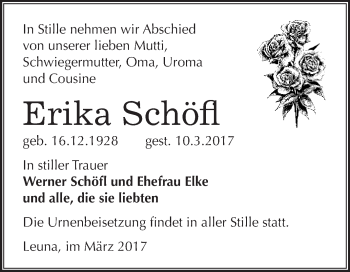 Traueranzeige von Erika Schöfl von Super Sonntag Halle