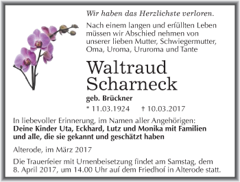 Traueranzeige von Waltraud Scharneck von Mitteldeutsche Zeitung Mansfelder Land