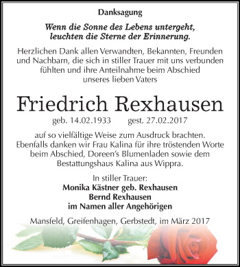 Traueranzeige von Friedrich Rexhausen von Super Sonntag SGH Mansf. Land