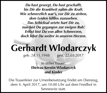 Traueranzeige von Gerhardt Wlodarczyk von Mitteldeutsche Zeitung Halle/Saalkreis