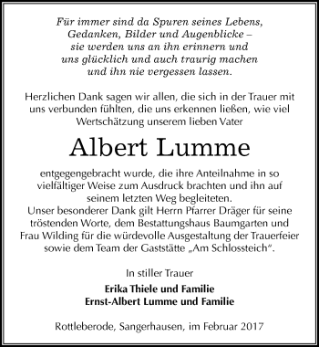 Traueranzeige von Albert Lumme von Mitteldeutsche Zeitung Sangerhausen