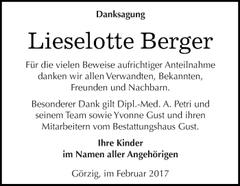 Traueranzeige von Lieselotte Berger von WVG - Wochenspiegel Dessau / Köthen
