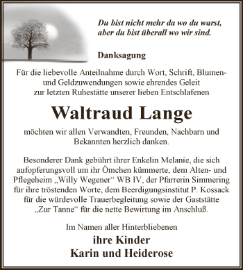 Traueranzeige von Waltraud Lange von Super Sonntag Wittenberg