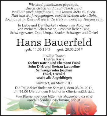 Traueranzeige von Hans Bauerfeld von Mitteldeutsche Zeitung Merseburg/Querfurt