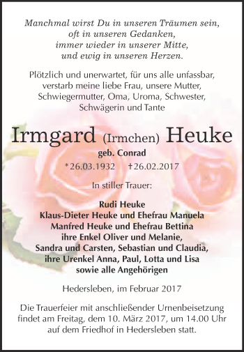 Traueranzeige von Irmgard  Heuke von Super Sonntag Quedlinburg