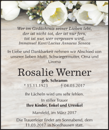 Traueranzeige von Rosalie Werner von Mitteldeutsche Zeitung Mansfelder Land