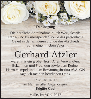 Traueranzeige von Gerhard Atzler von Mitteldeutsche Zeitung Halle/Saalkreis