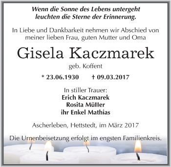 Traueranzeige von Gisela Kaczmarek von Mitteldeutsche Zeitung Mansfelder Land