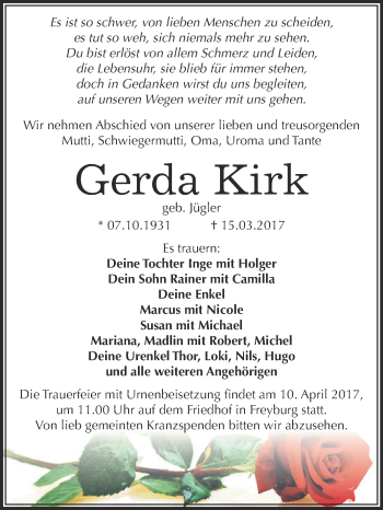Traueranzeige von Gerda Kirk von WVG - Wochenspiegel NMB / WSF / ZTZ