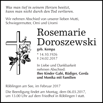 Traueranzeige von Rosemarie Doroszewski von Super Sonntag SGH Mansf. Land