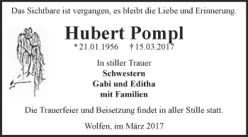 Traueranzeige von Hubert Pompl von WVG - Wochenspiegel Bitterfeld