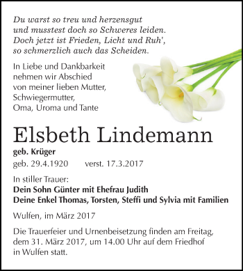 Traueranzeige von Elsbeth Lindemann von WVG - Wochenspiegel Dessau / Köthen