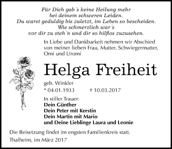 Traueranzeige von Helga Freiheit von Mitteldeutsche Zeitung Bitterfeld