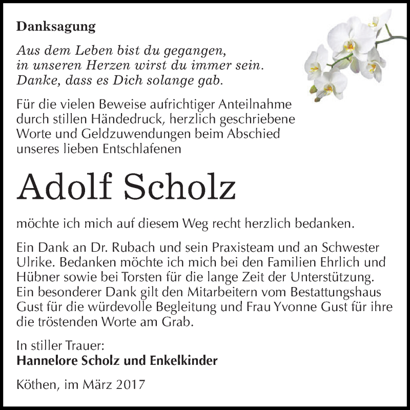  Traueranzeige für Adolf Scholz vom 11.03.2017 aus WVG - Wochenspiegel Dessau / Köthen