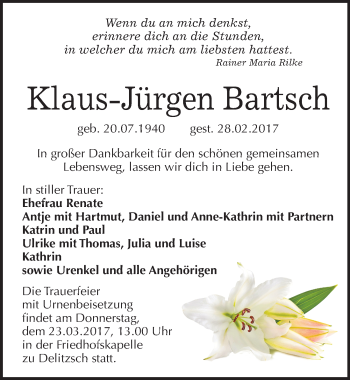 Traueranzeige von Klaus-Jürgen Bartsch von Mitteldeutsche Zeitung Bitterfeld