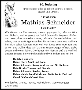 Traueranzeige von Mathias Schneider von Mitteldeutsche Zeitung Weißenfels