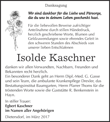 Traueranzeige von Isolde Kaschner von Super Sonntag SGH Mansf. Land